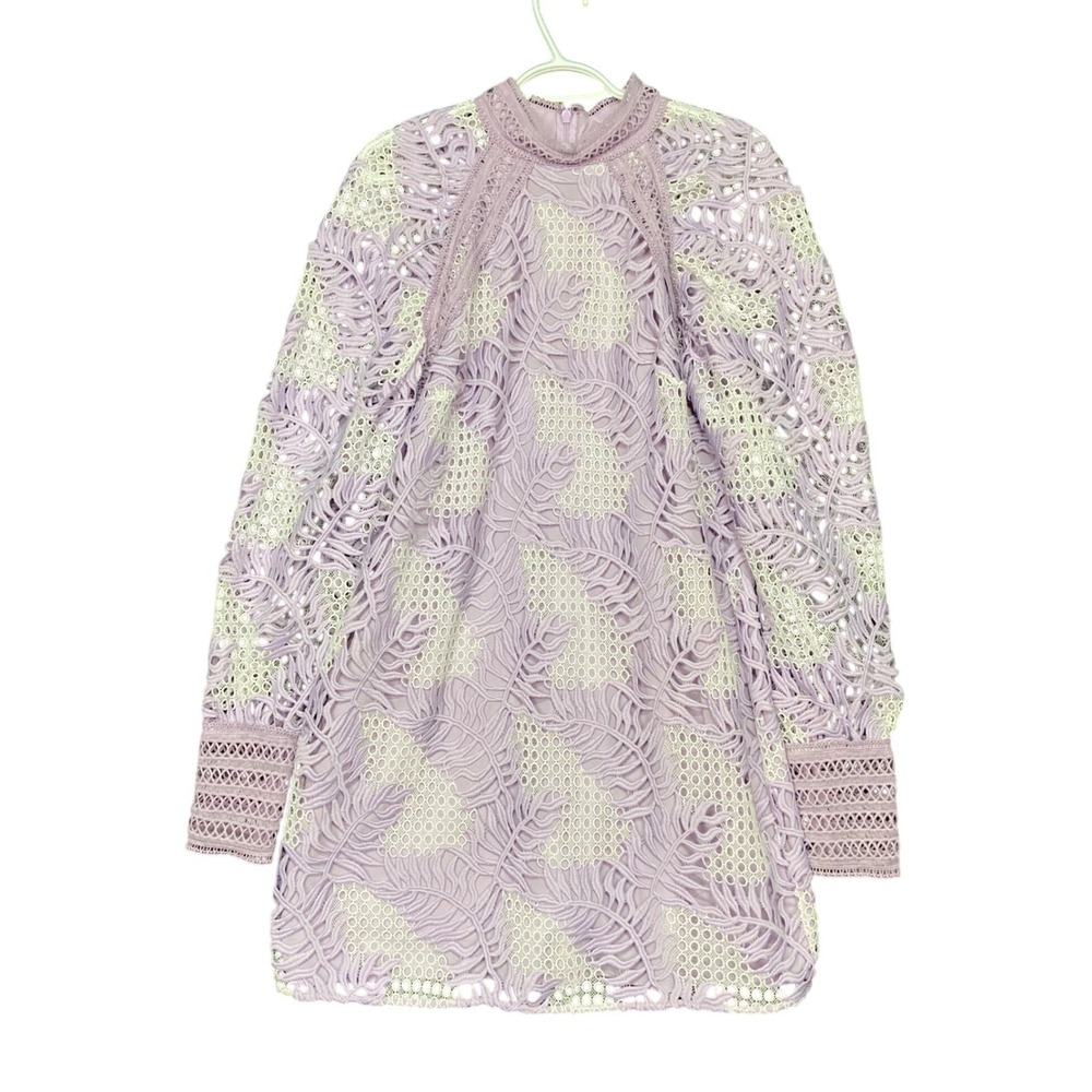 ASOS Edition cutwork embroidered palm mini dress US 10 with‎ puff sleeve-Purple